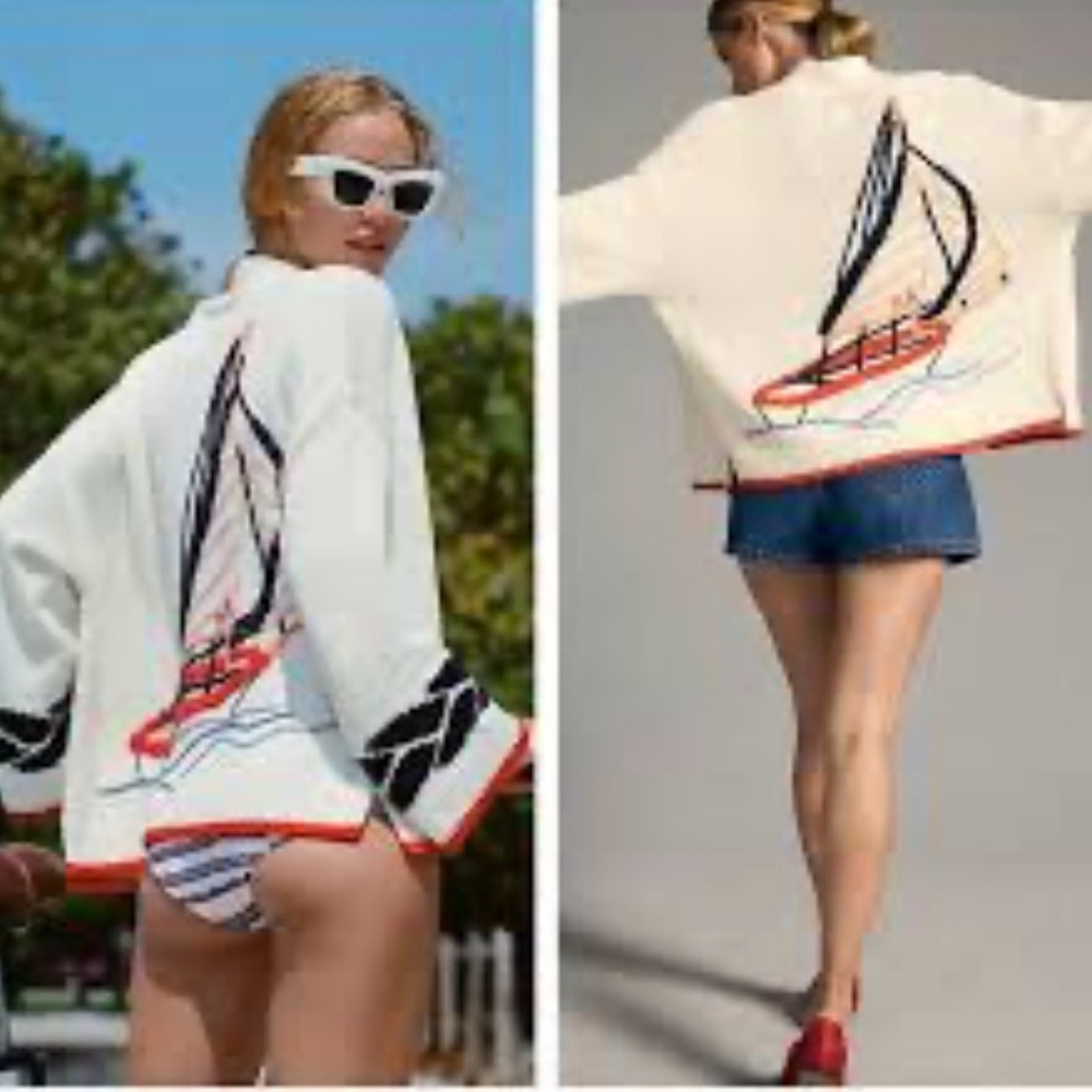 Anthropologie Maeve Portside Knit Cardigan Sweater Sailboat Nautical 2X